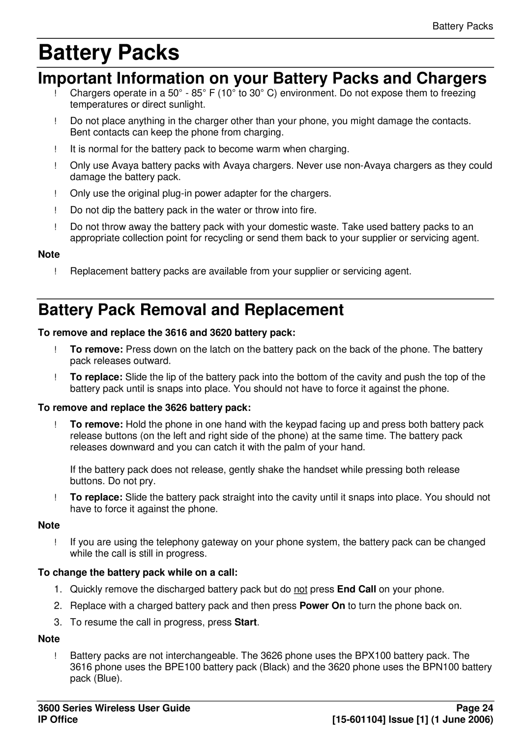 Avaya 3600 manual Important Information on your Battery Packs and Chargers, Battery Pack Removal and Replacement 