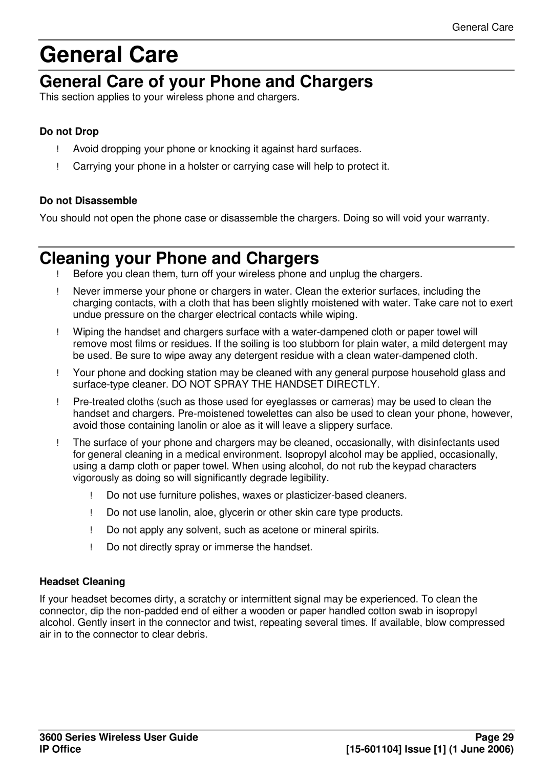 Avaya 3600 manual General Care of your Phone and Chargers, Cleaning your Phone and Chargers 