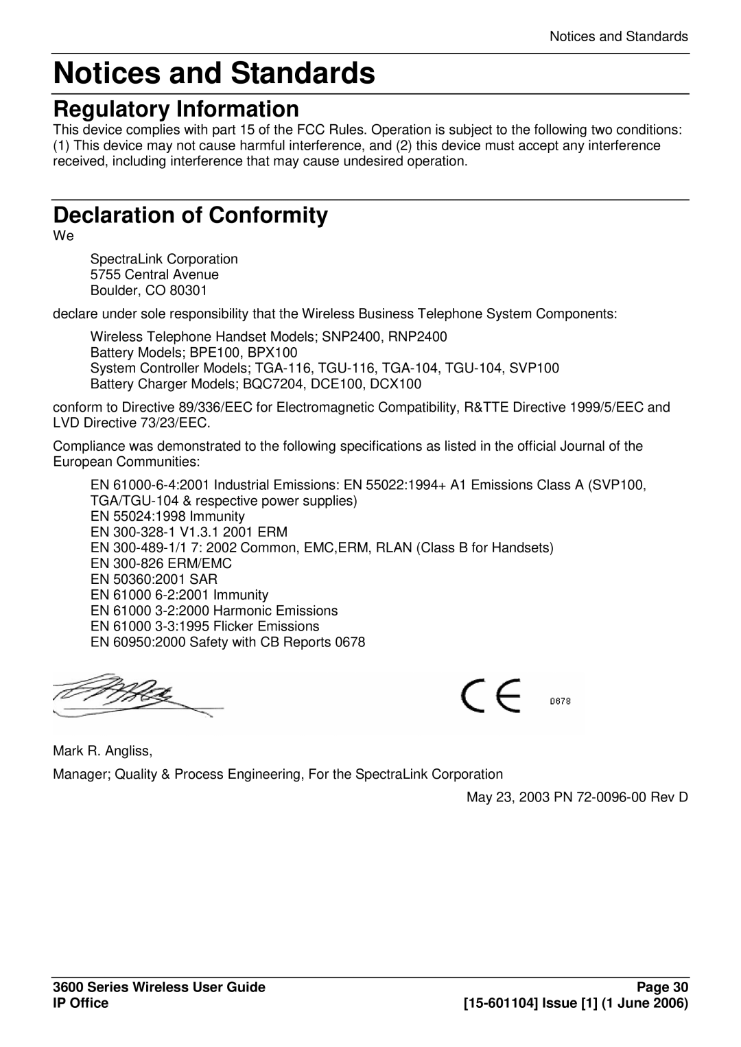 Avaya 3600 manual Regulatory Information, Declaration of Conformity 