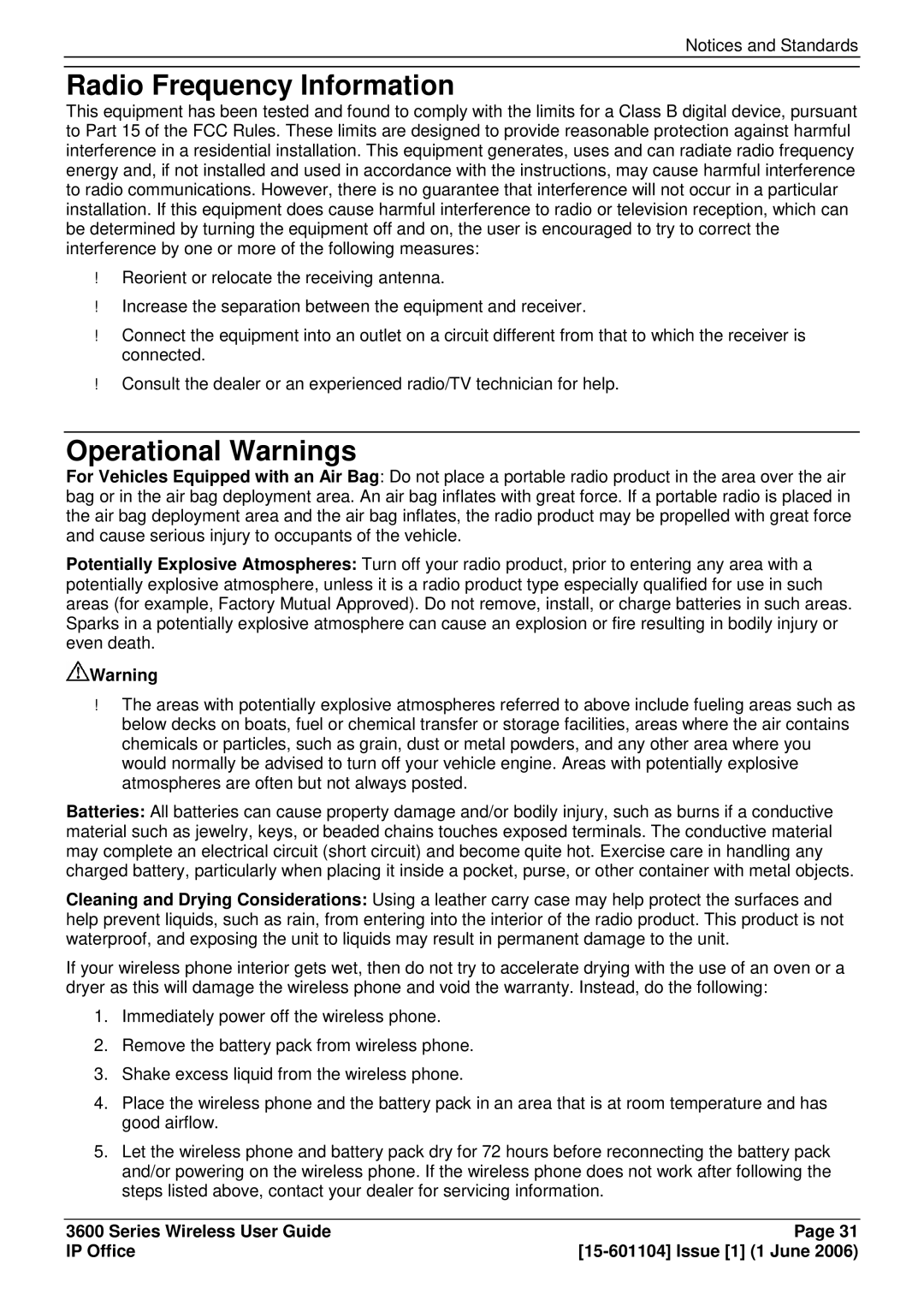 Avaya 3600 manual Radio Frequency Information, Operational Warnings 