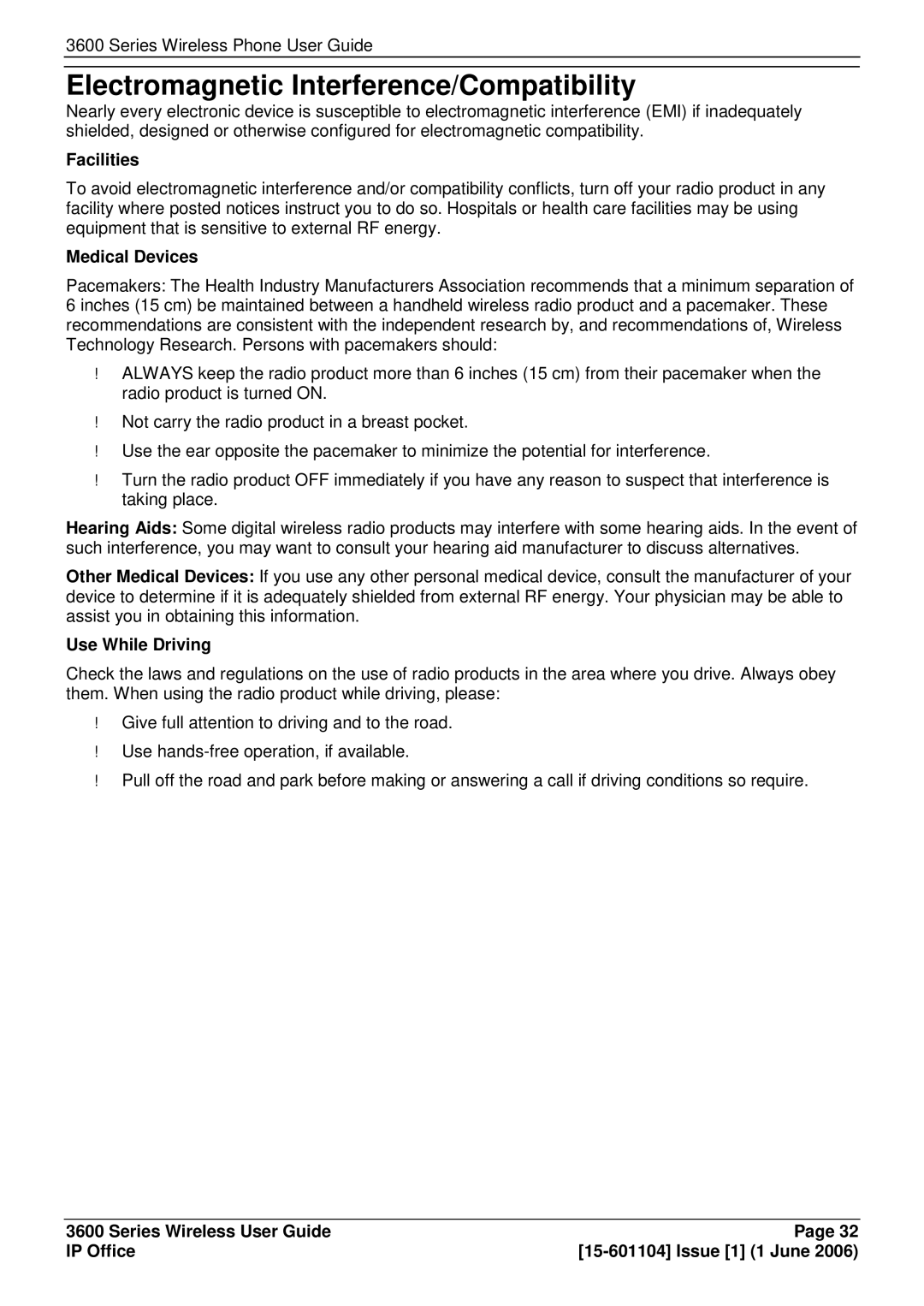 Avaya 3600 manual Electromagnetic Interference/Compatibility, Facilities, Medical Devices, Use While Driving 