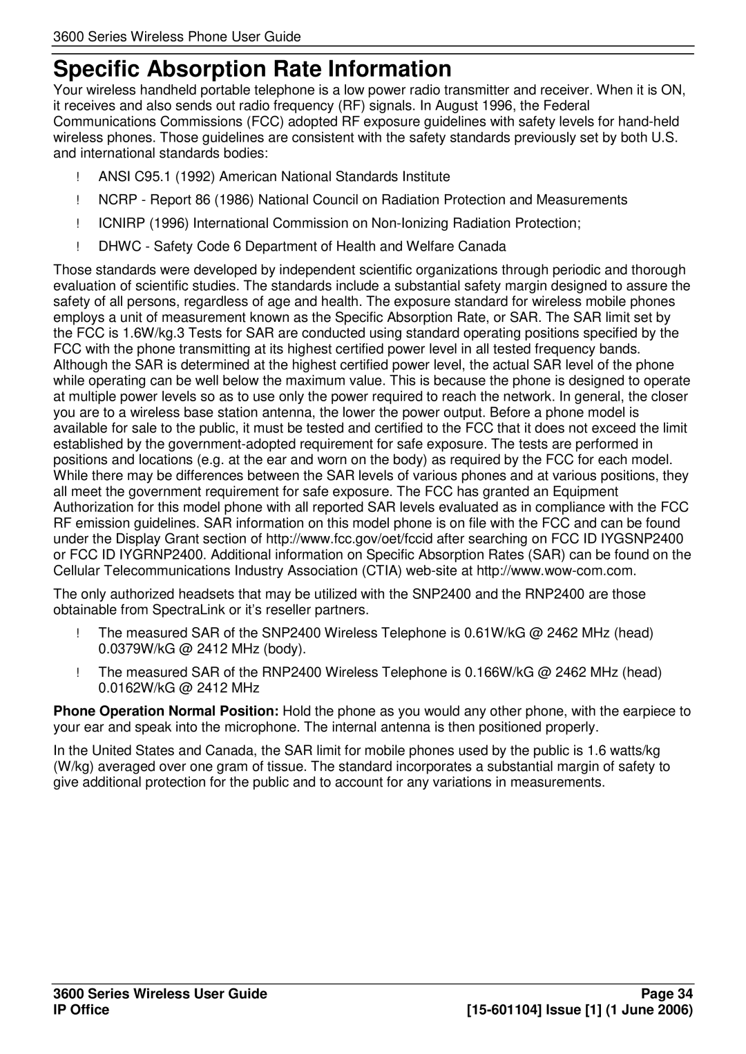 Avaya 3600 manual Specific Absorption Rate Information 