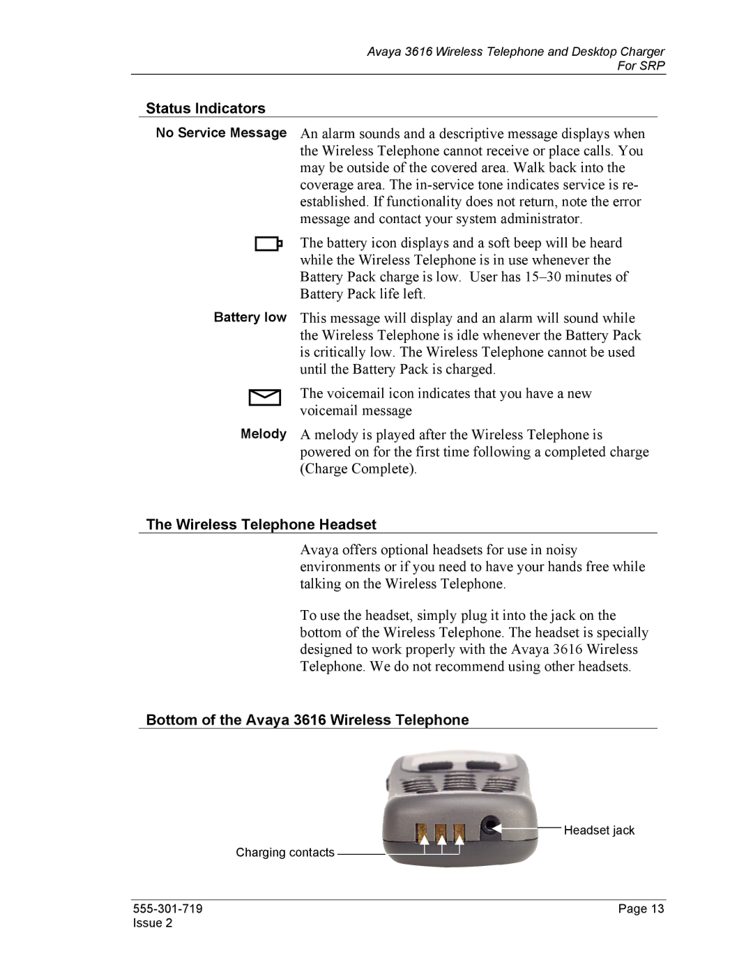 Avaya manual Status Indicators, Wireless Telephone Headset, Bottom of the Avaya 3616 Wireless Telephone 