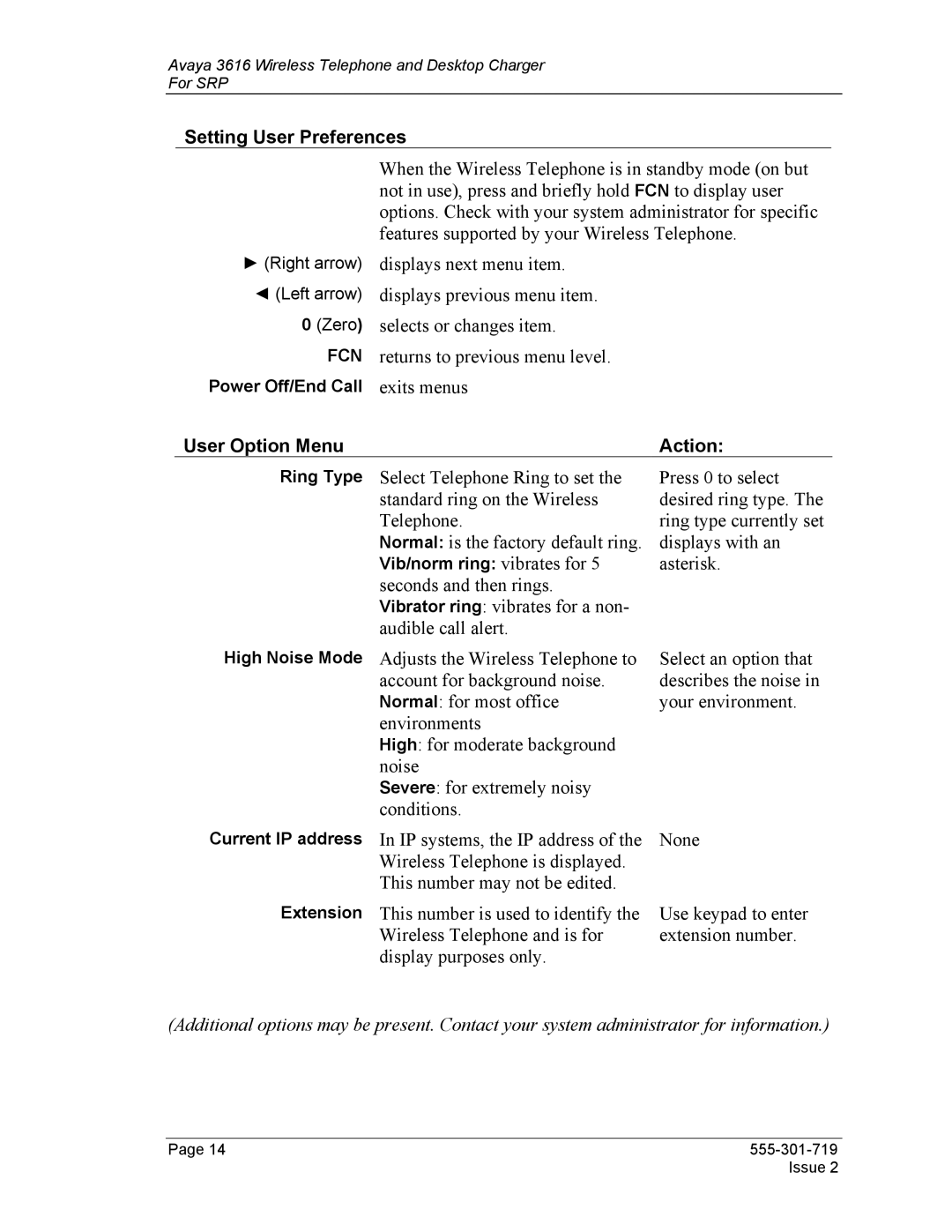 Avaya 3616 manual Setting User Preferences, User Option Menu, Action 