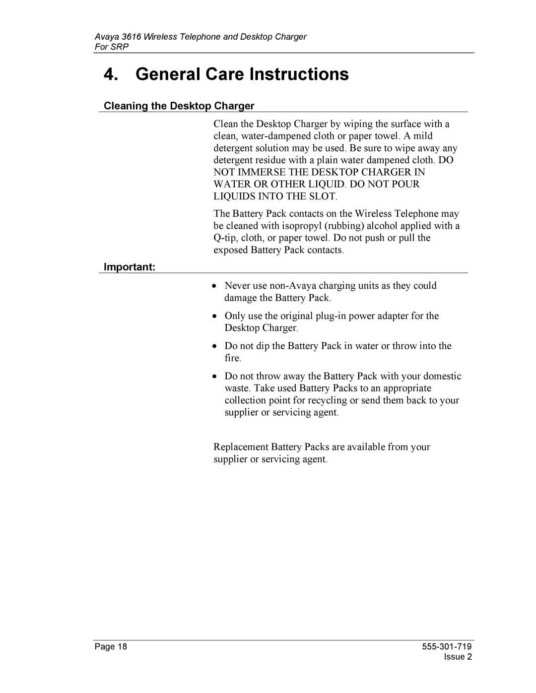 Avaya 3616 manual General Care Instructions, Cleaning the Desktop Charger 