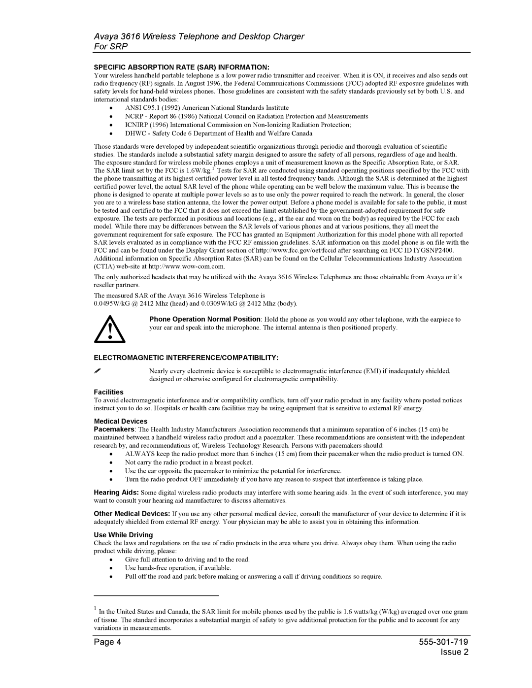 Avaya 3616 manual Specific Absorption Rate SAR Information 