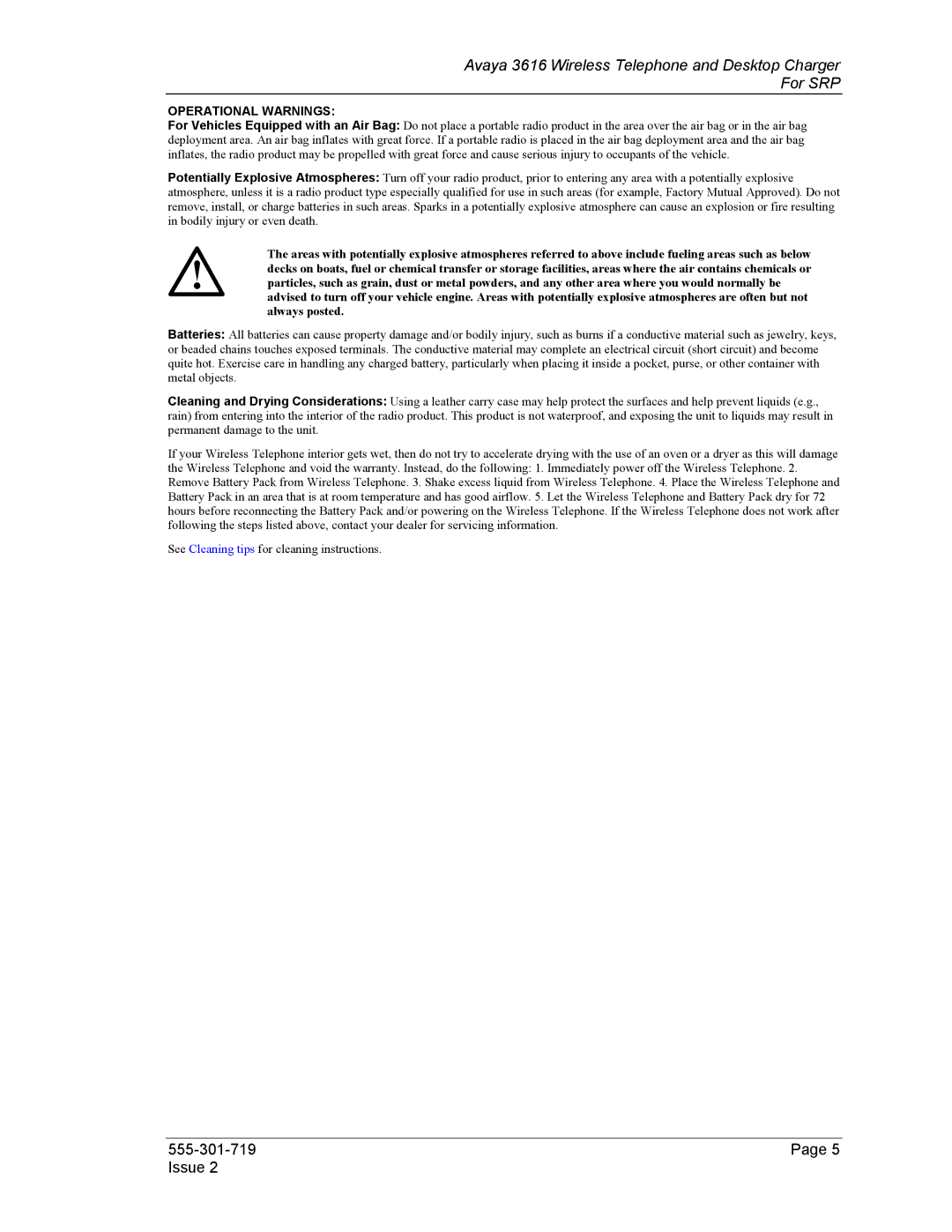 Avaya 3616 manual Operational Warnings 