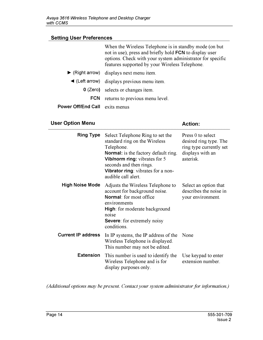 Avaya 3616 manual Setting User Preferences, User Option Menu Action 