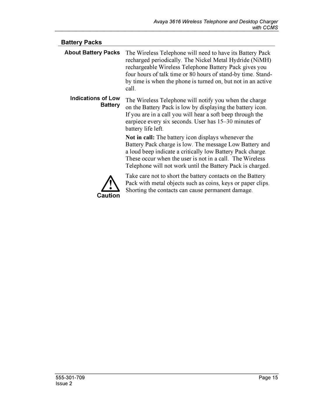 Avaya 3616 manual Battery Packs 