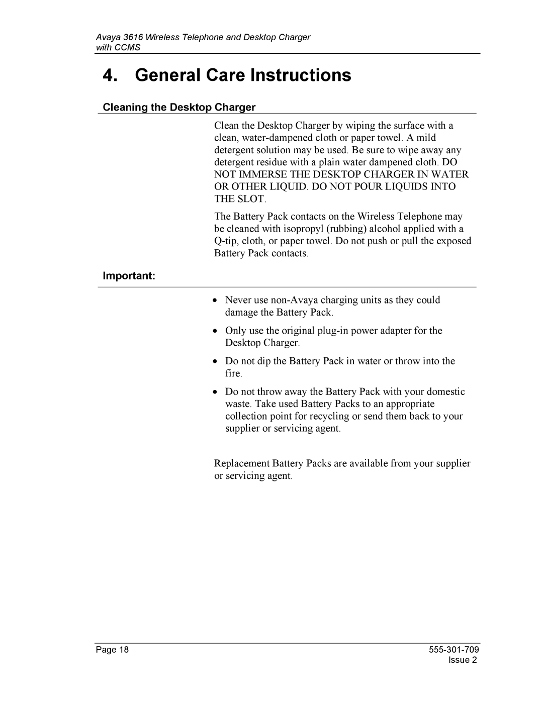 Avaya 3616 manual General Care Instructions, Cleaning the Desktop Charger 