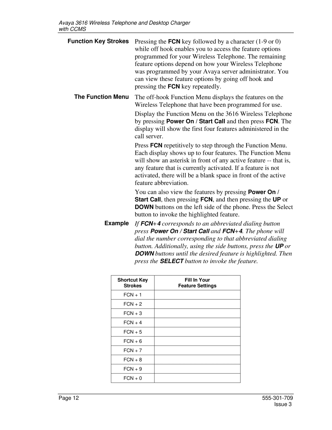 Avaya 3616 manual Shortcut Key Fill In Your 