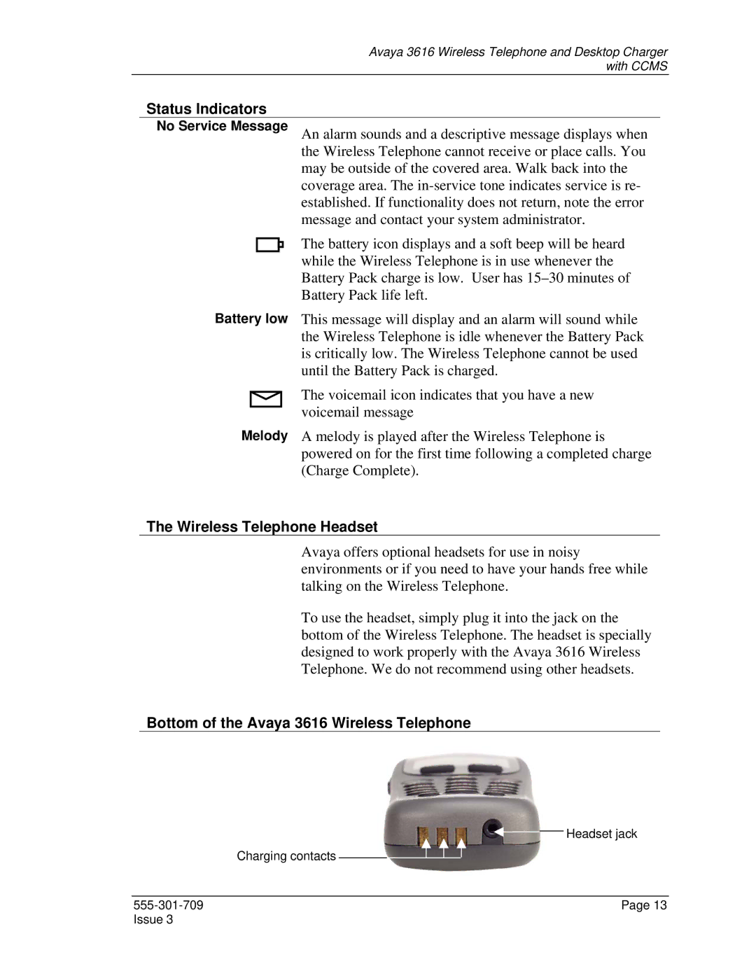 Avaya manual Status Indicators, Wireless Telephone Headset, Bottom of the Avaya 3616 Wireless Telephone 