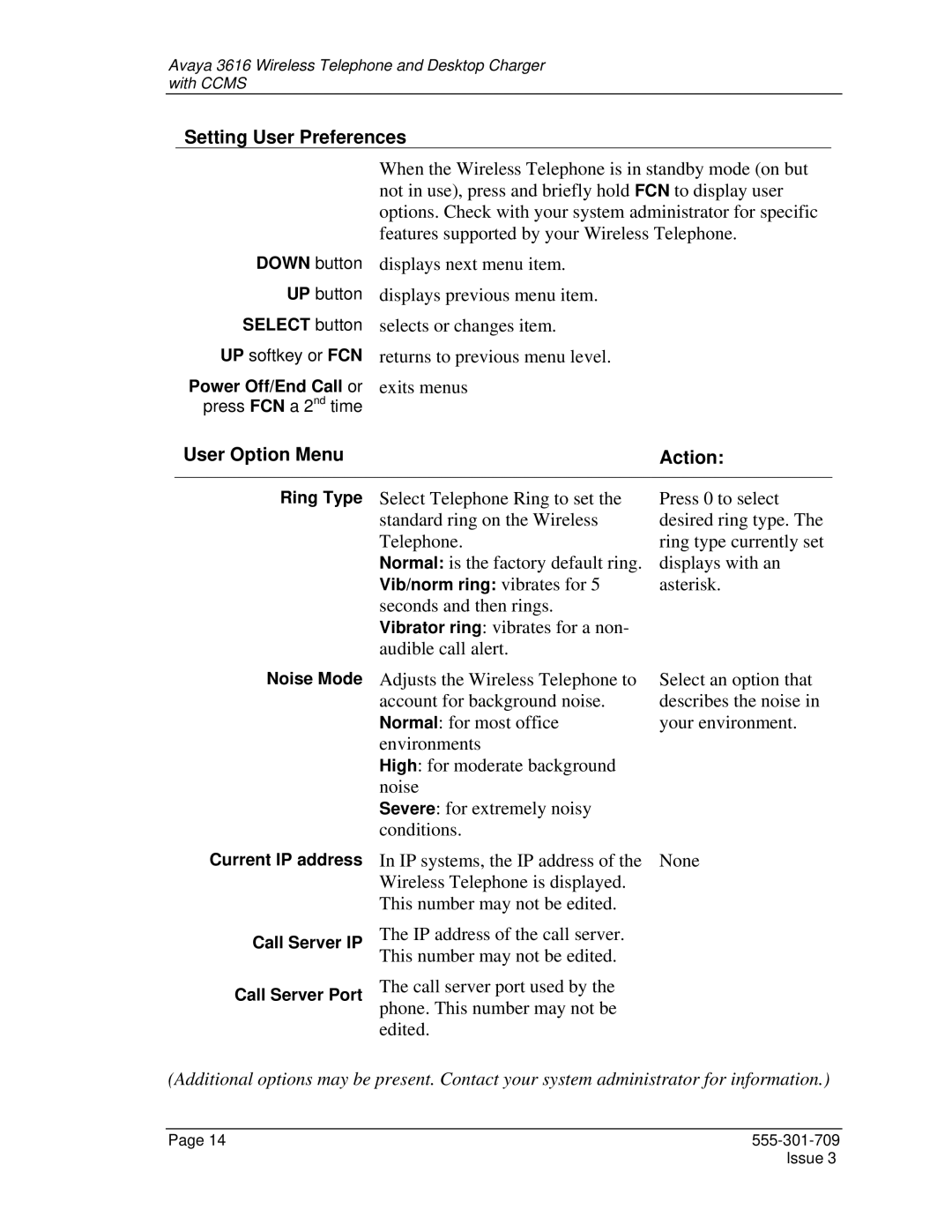 Avaya 3616 manual Setting User Preferences, User Option Menu, Action 