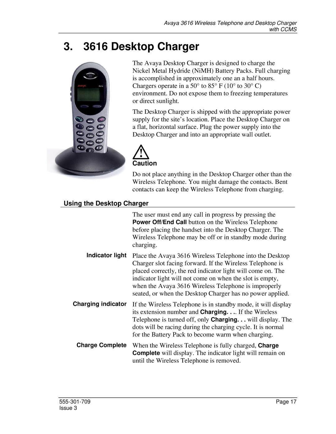 Avaya 3616 manual Using the Desktop Charger 