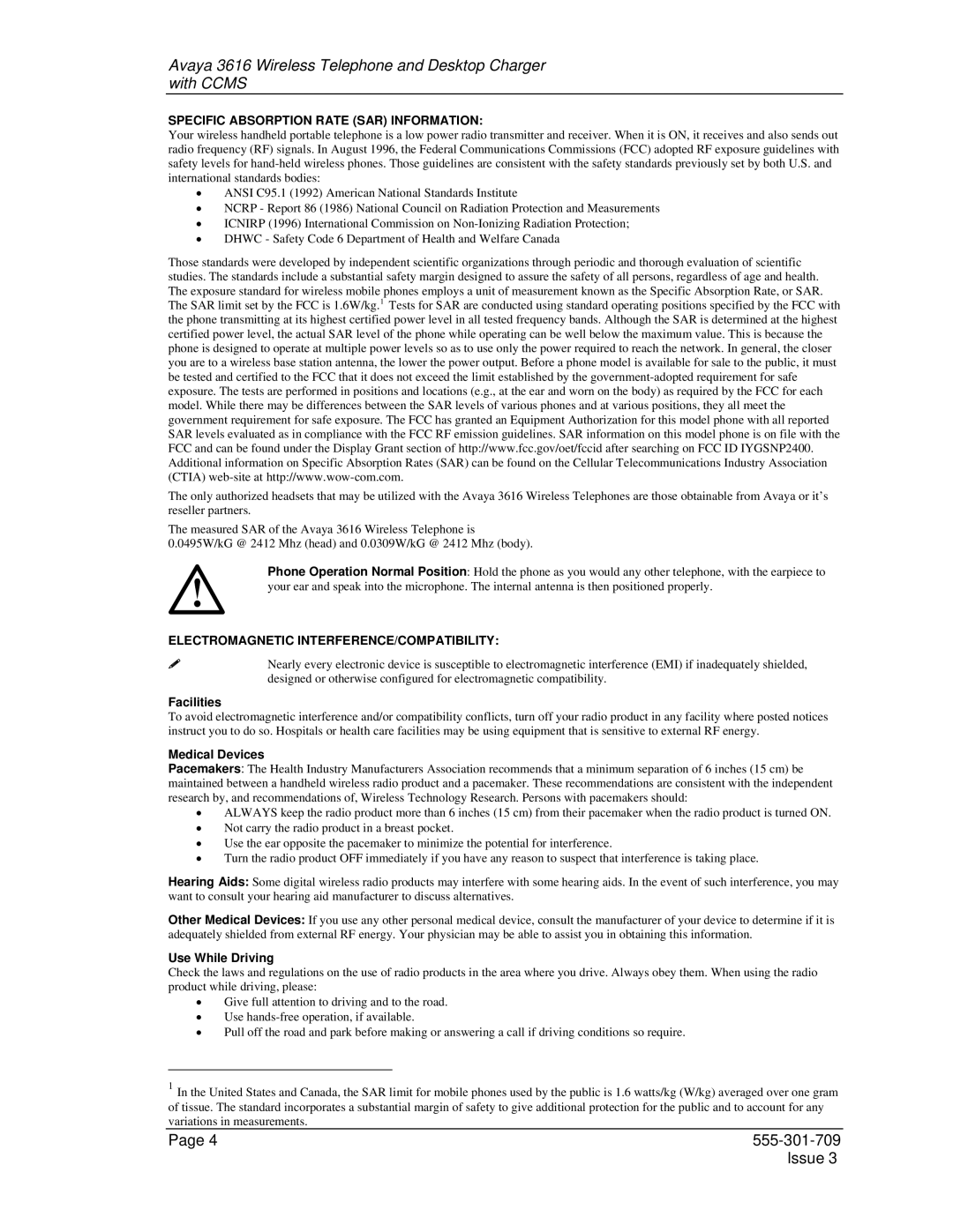 Avaya 3616 manual Specific Absorption Rate SAR Information 