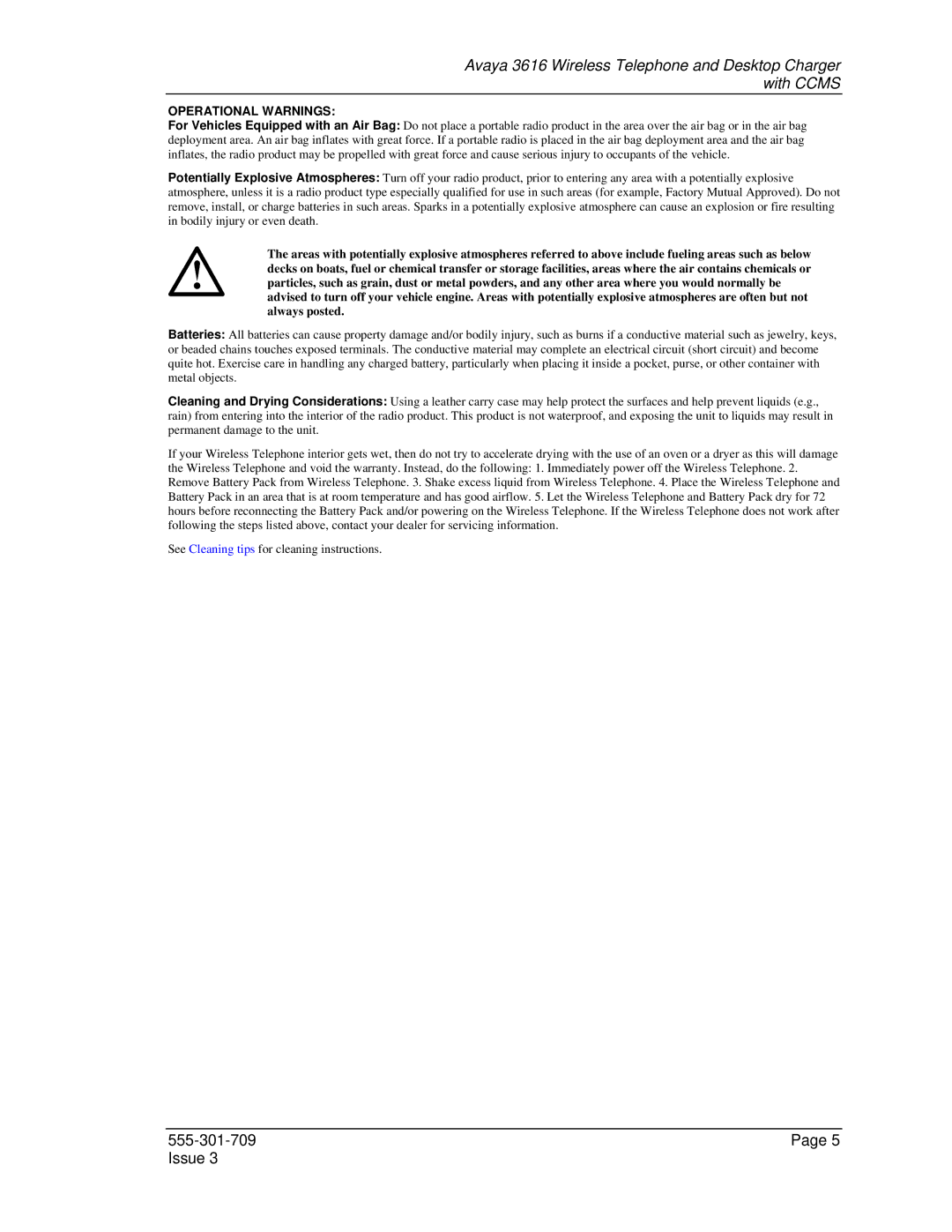 Avaya 3616 manual Operational Warnings 