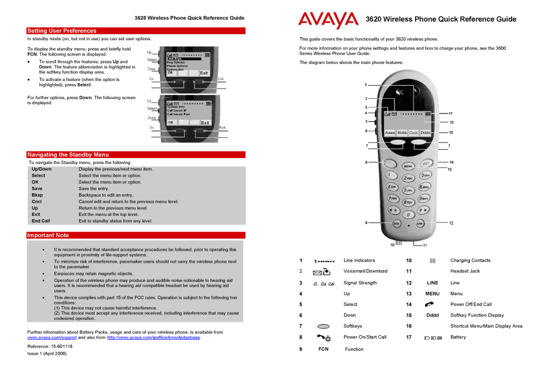 Avaya 3620 manual Setting User Preferences, Navigating the Standby Menu, Important Note 