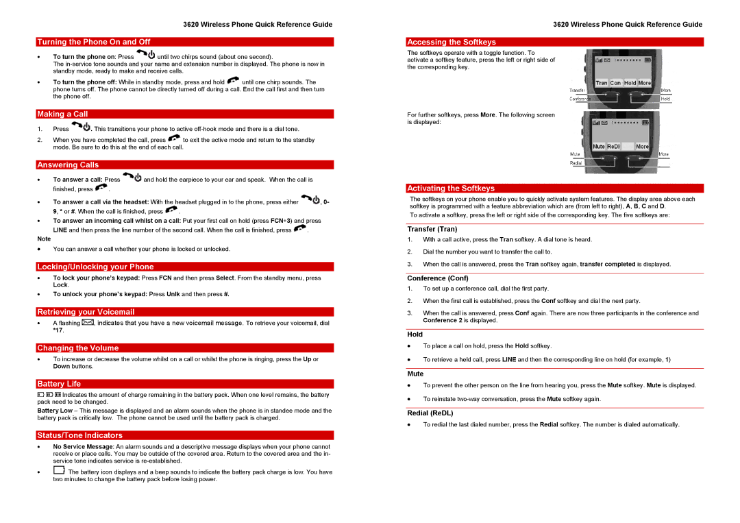 Avaya 3620 Turning the Phone On and Off, Making a Call, Answering Calls, Locking/Unlocking your Phone, Changing the Volume 