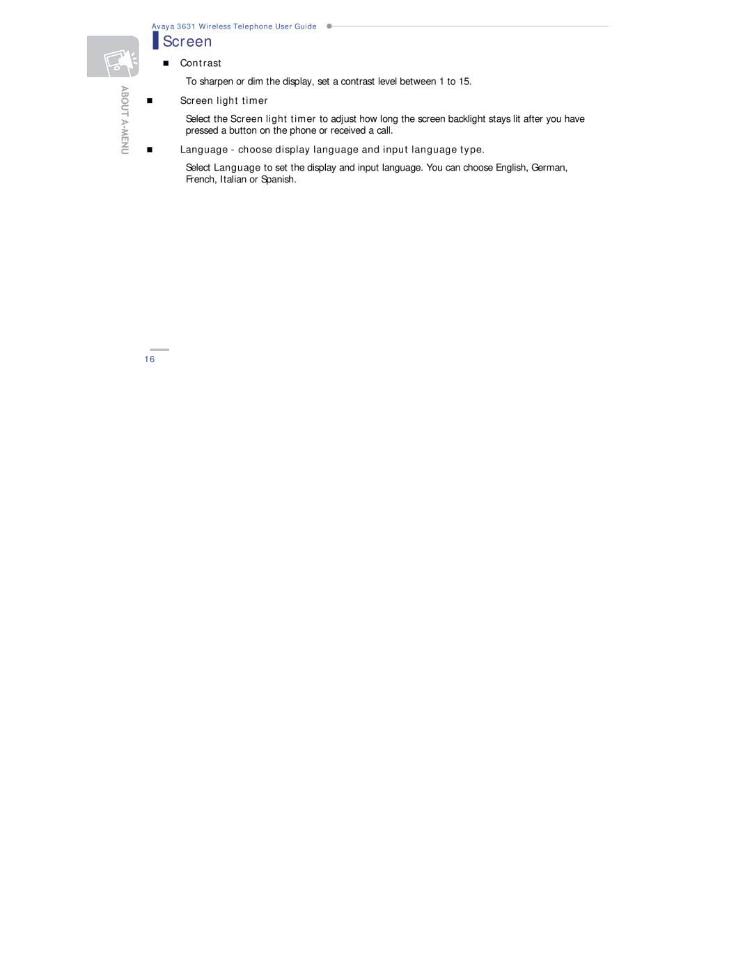 Avaya 3631 manual „ Contrast, „ Screen light timer, „ Language choose display language and input language type 