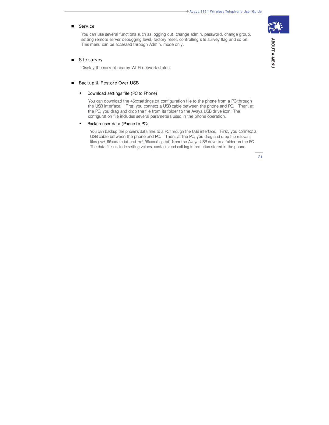 Avaya 3631 manual „ Service, „ Site survey, „ Backup & Restore Over USB 