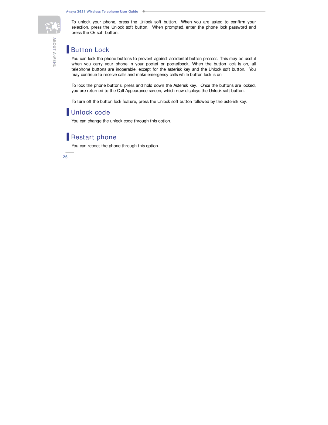Avaya 3631 manual Button Lock, Unlock code, Restart phone 