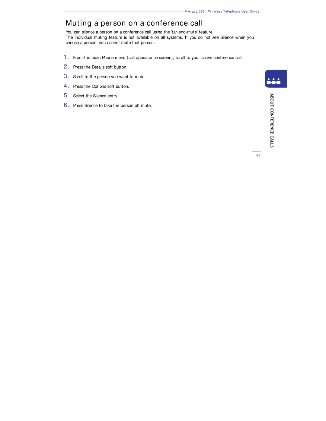 Avaya 3631 manual Muting a person on a conference call 