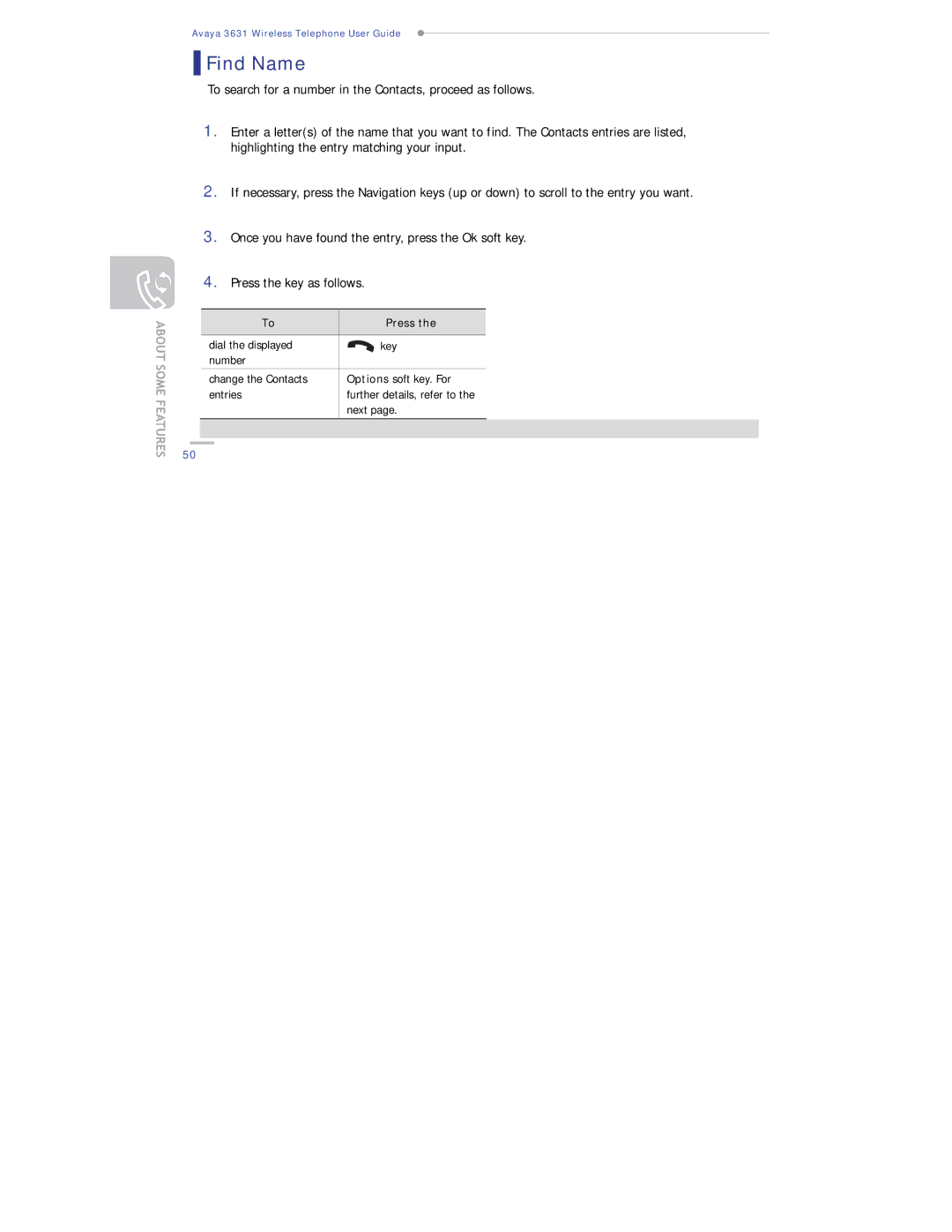 Avaya 3631 manual Find Name, Press 