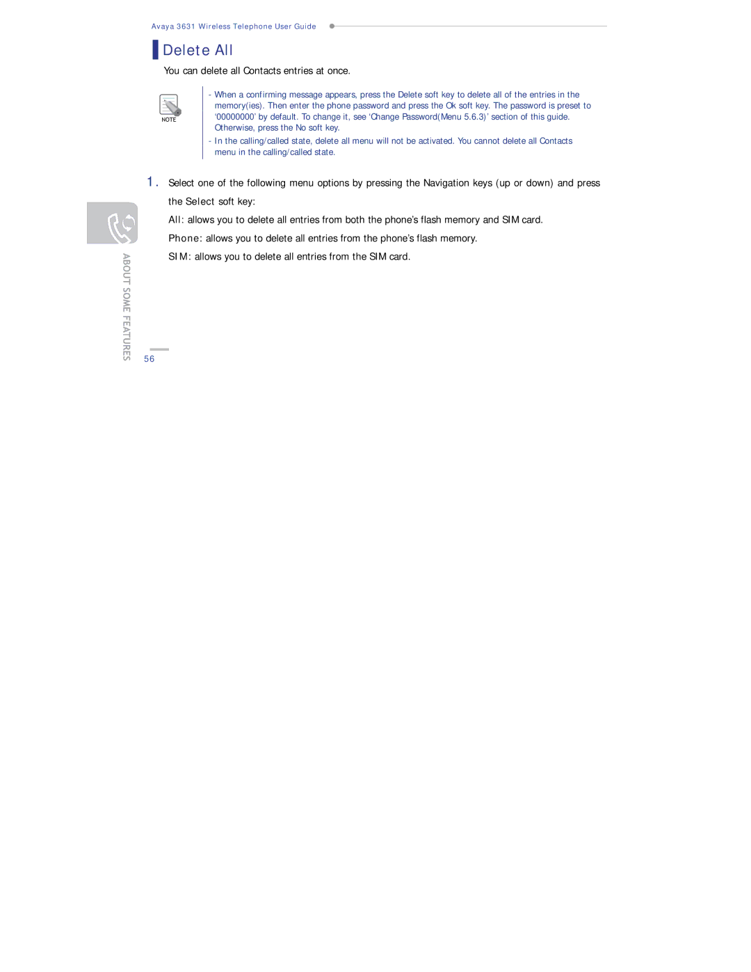 Avaya 3631 manual Delete All, You can delete all Contacts entries at once 