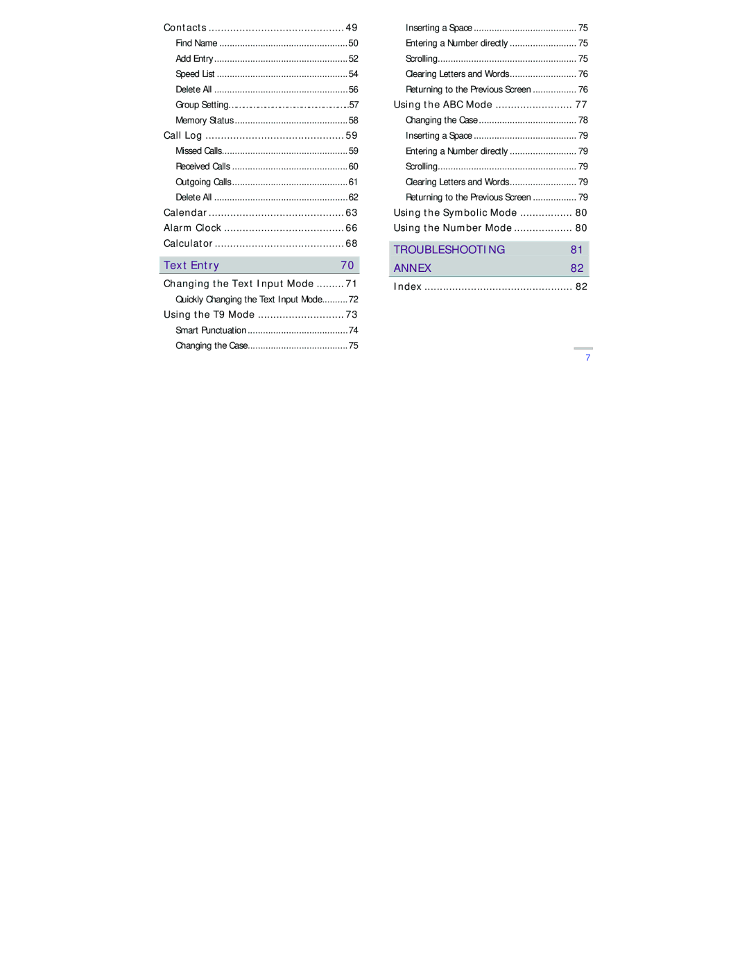 Avaya 3631 manual Contacts, Call Log, Calendar Alarm Clock Calculator, Using the T9 Mode, Using the ABC Mode, Index 