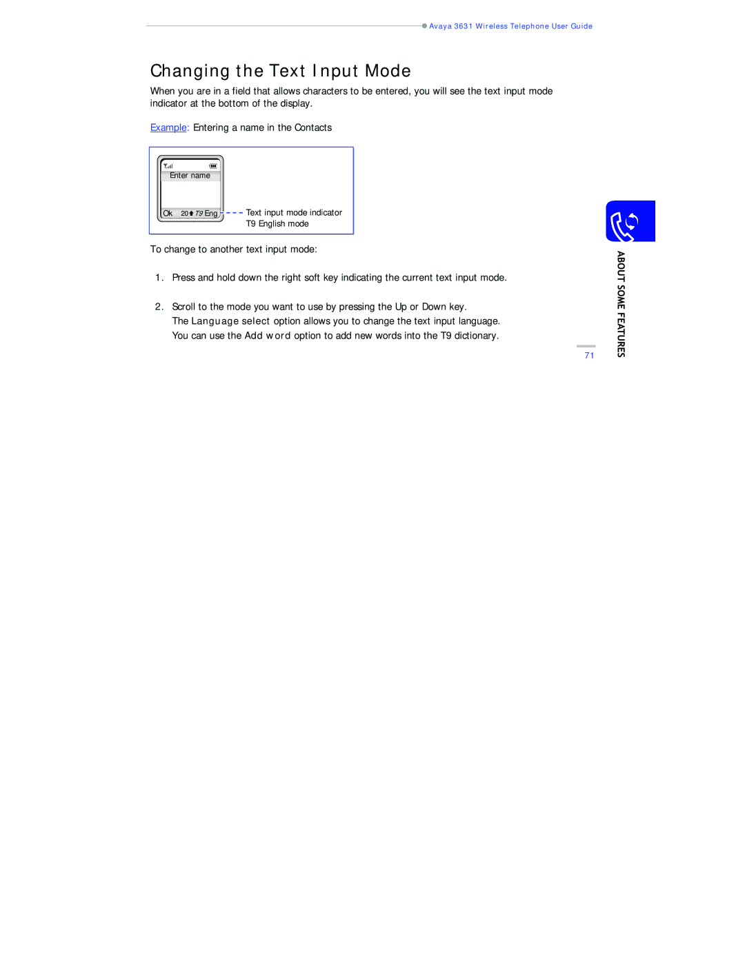 Avaya 3631 manual Changing the Text Input Mode 