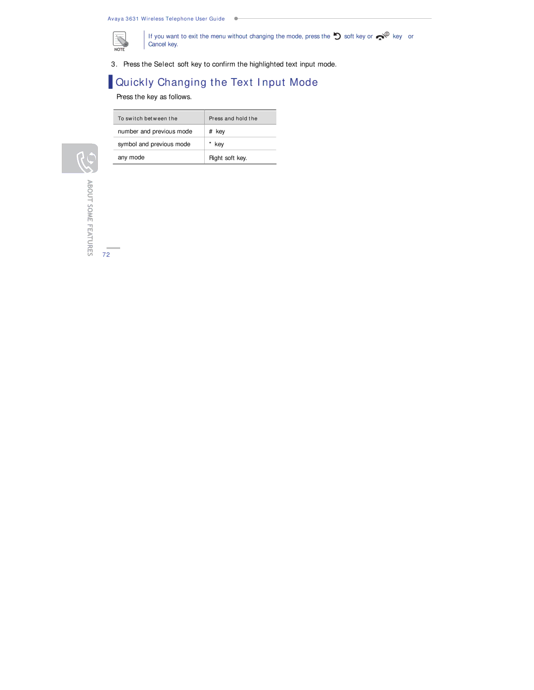 Avaya 3631 manual Quickly Changing the Text Input Mode 