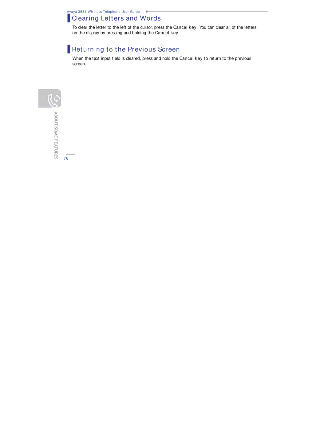 Avaya 3631 manual Clearing Letters and Words, Returning to the Previous Screen 