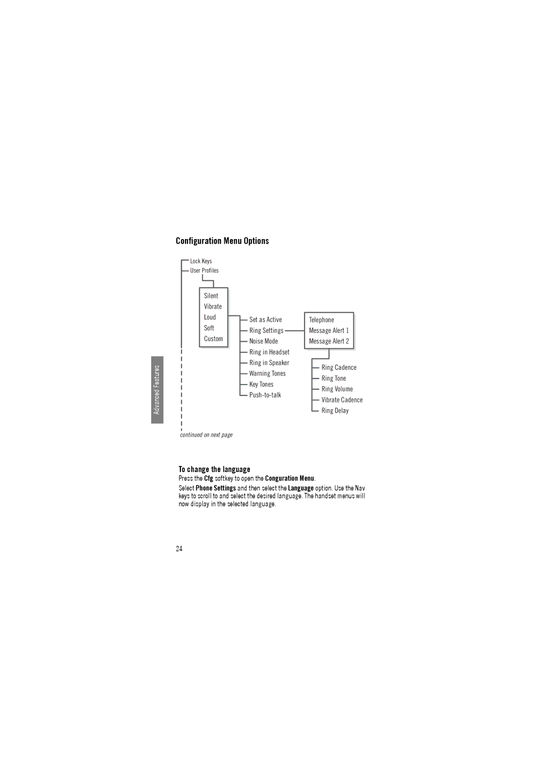 Avaya 3641, 3645 Configuration Menu Options, To change the language, Press the Cfg softkey to open the Conguration Menu 