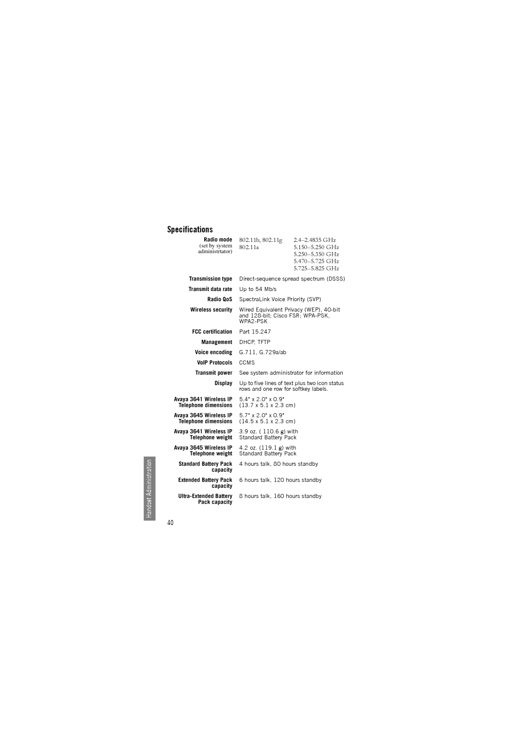 Avaya 3641, 3645 manual Specifications, 725-5.825 GHz 