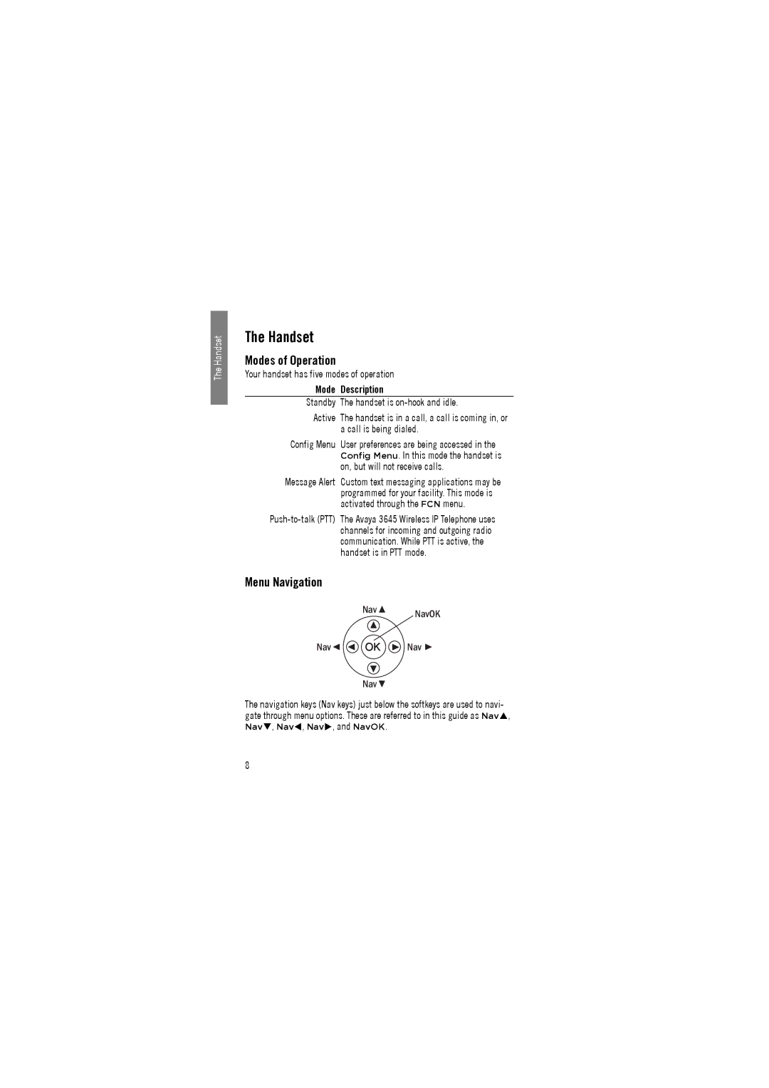 Avaya 3641, 3645 Handset, Modes of Operation, Menu Navigation, Your handset has five modes of operation, Mode Description 