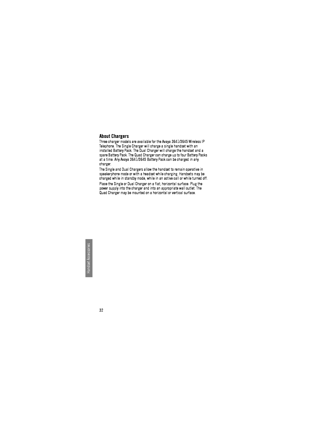 Avaya 3641, 3645 manual About Chargers, Handset Accessories 