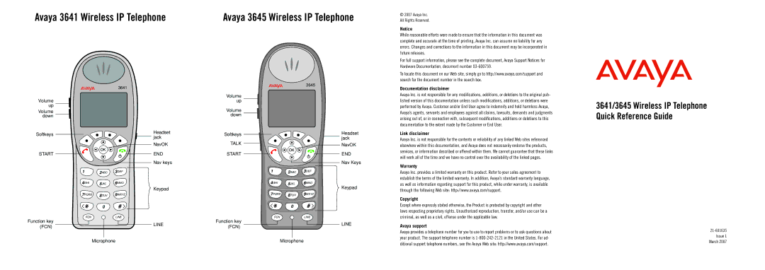 Avaya 3641/3645 warranty Avaya 3641 Wireless IP Telephone, Avaya 3645 Wireless IP Telephone 