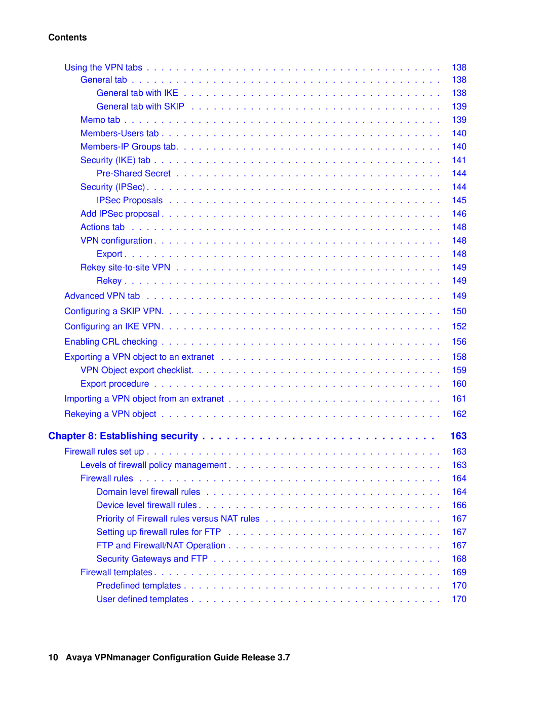 Avaya 3.7 manual Establishing security 163 