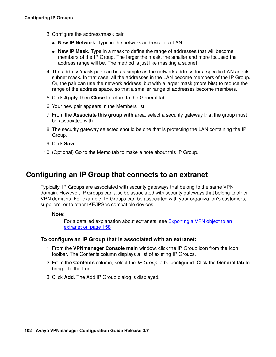 Avaya 3.7 manual Configuring an IP Group that connects to an extranet 