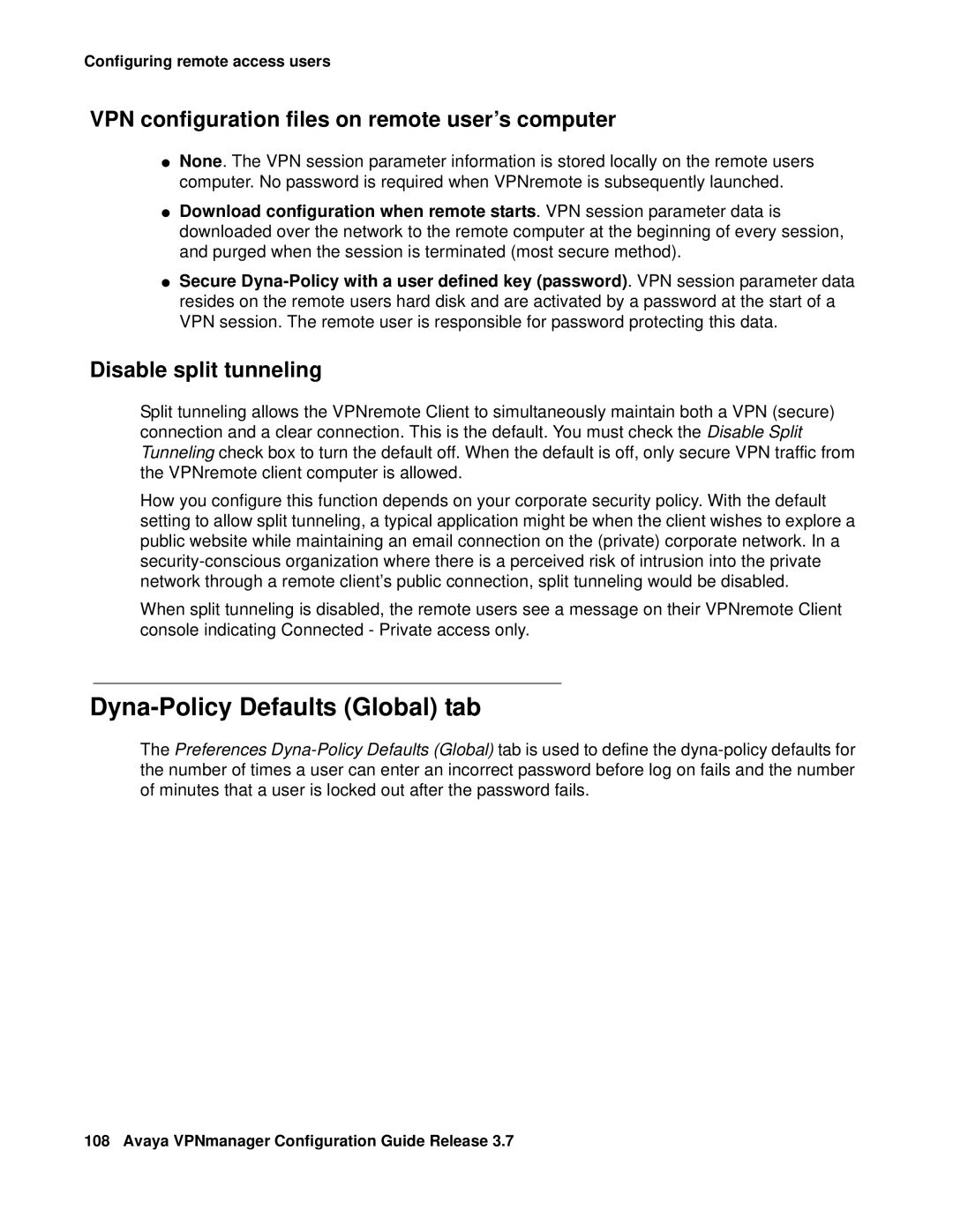 Avaya 3.7 Dyna-Policy Defaults Global tab, VPN configuration files on remote user’s computer, Disable split tunneling 