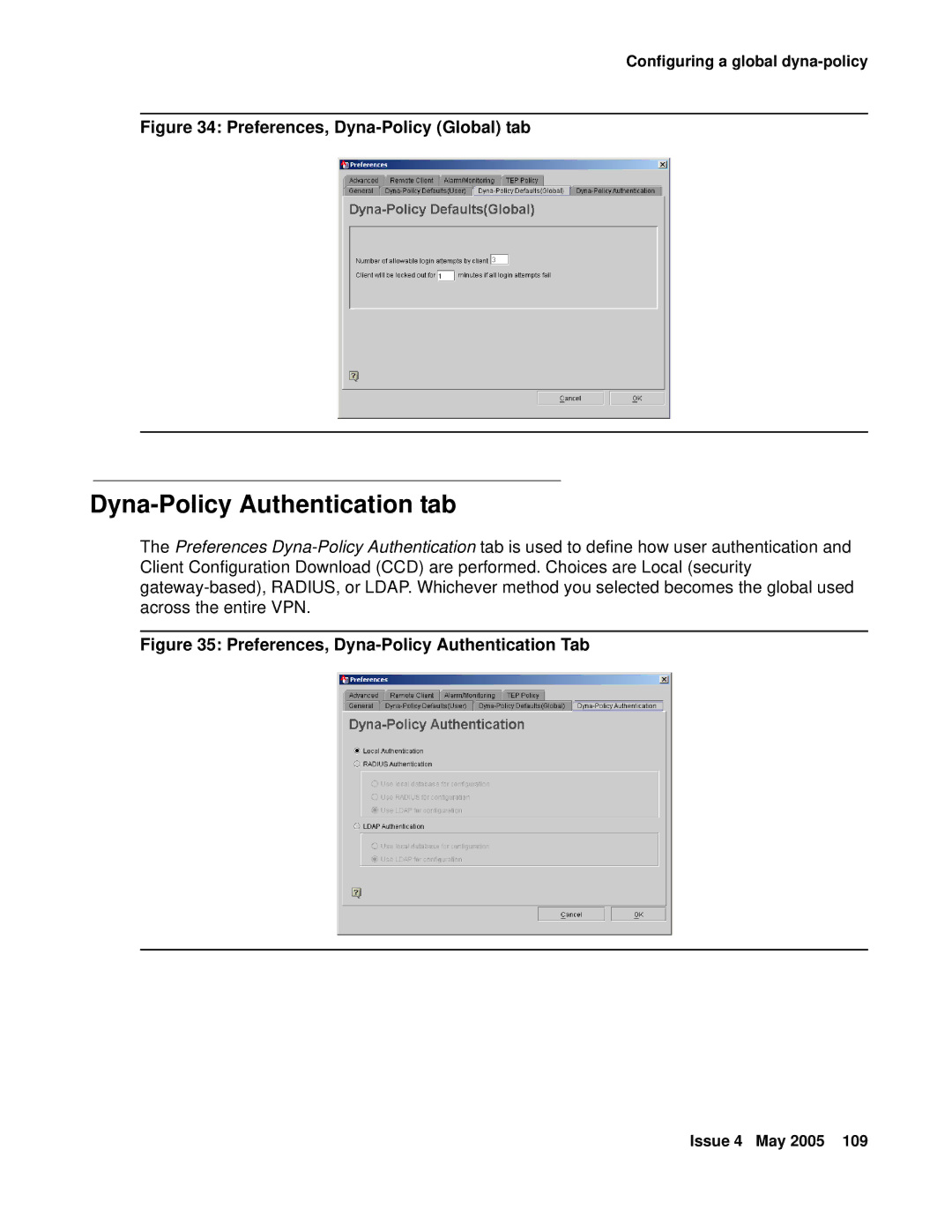 Avaya 3.7 manual Dyna-Policy Authentication tab, Preferences, Dyna-Policy Global tab 