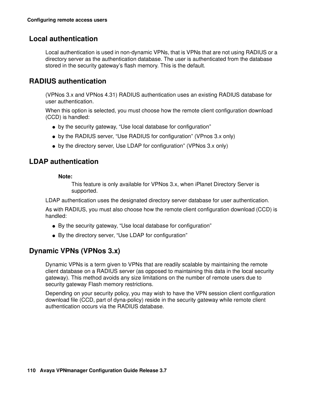 Avaya 3.7 manual Local authentication, Radius authentication, Ldap authentication, Dynamic VPNs VPNos 