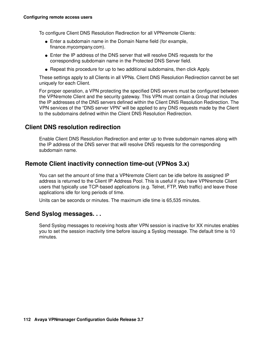 Avaya 3.7 manual Remote Client inactivity connection time-out VPNos, Send Syslog messages 