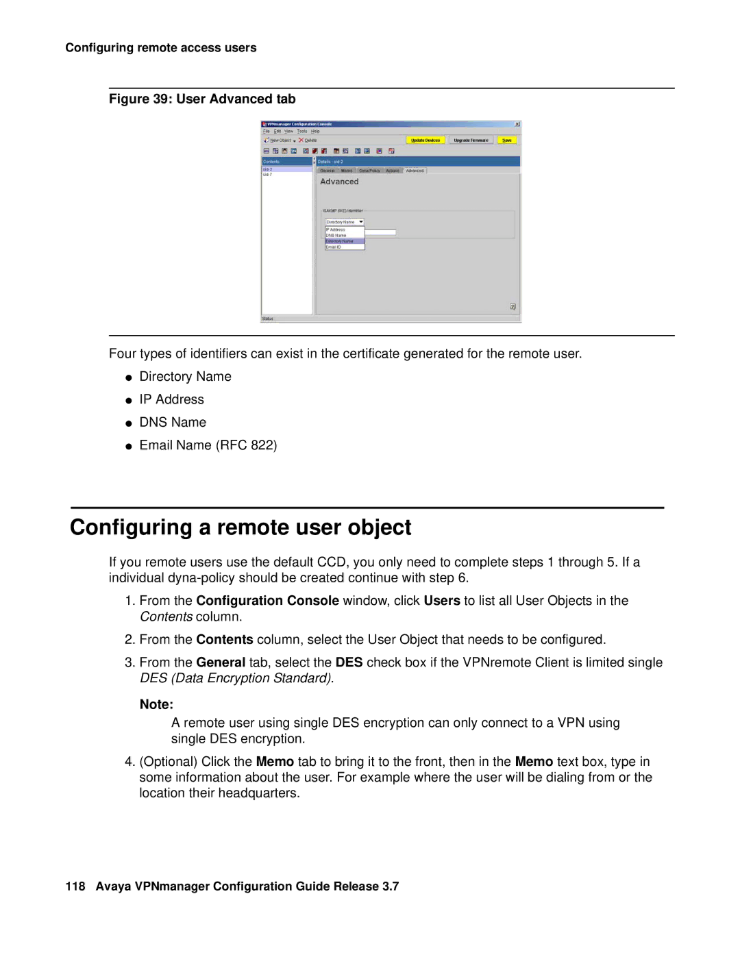 Avaya 3.7 manual Configuring a remote user object, User Advanced tab 