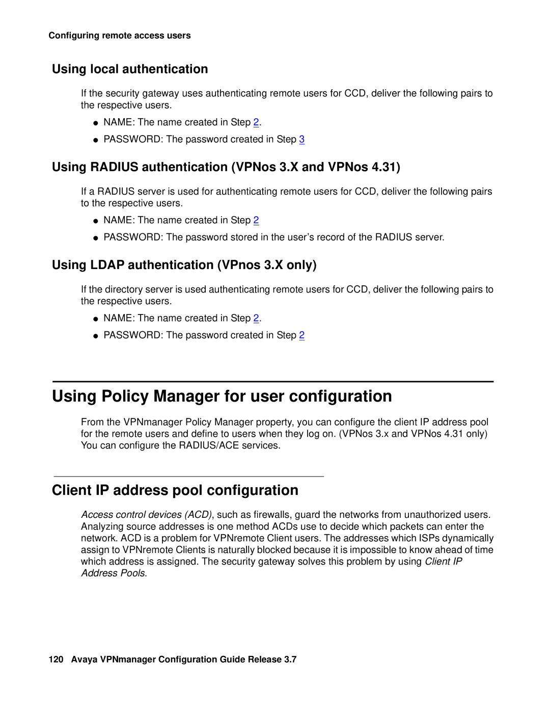 Avaya 3.7 Using Policy Manager for user configuration, Client IP address pool configuration, Using local authentication 