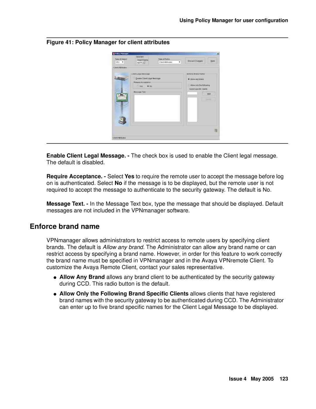 Avaya 3.7 manual Enforce brand name, Policy Manager for client attributes 