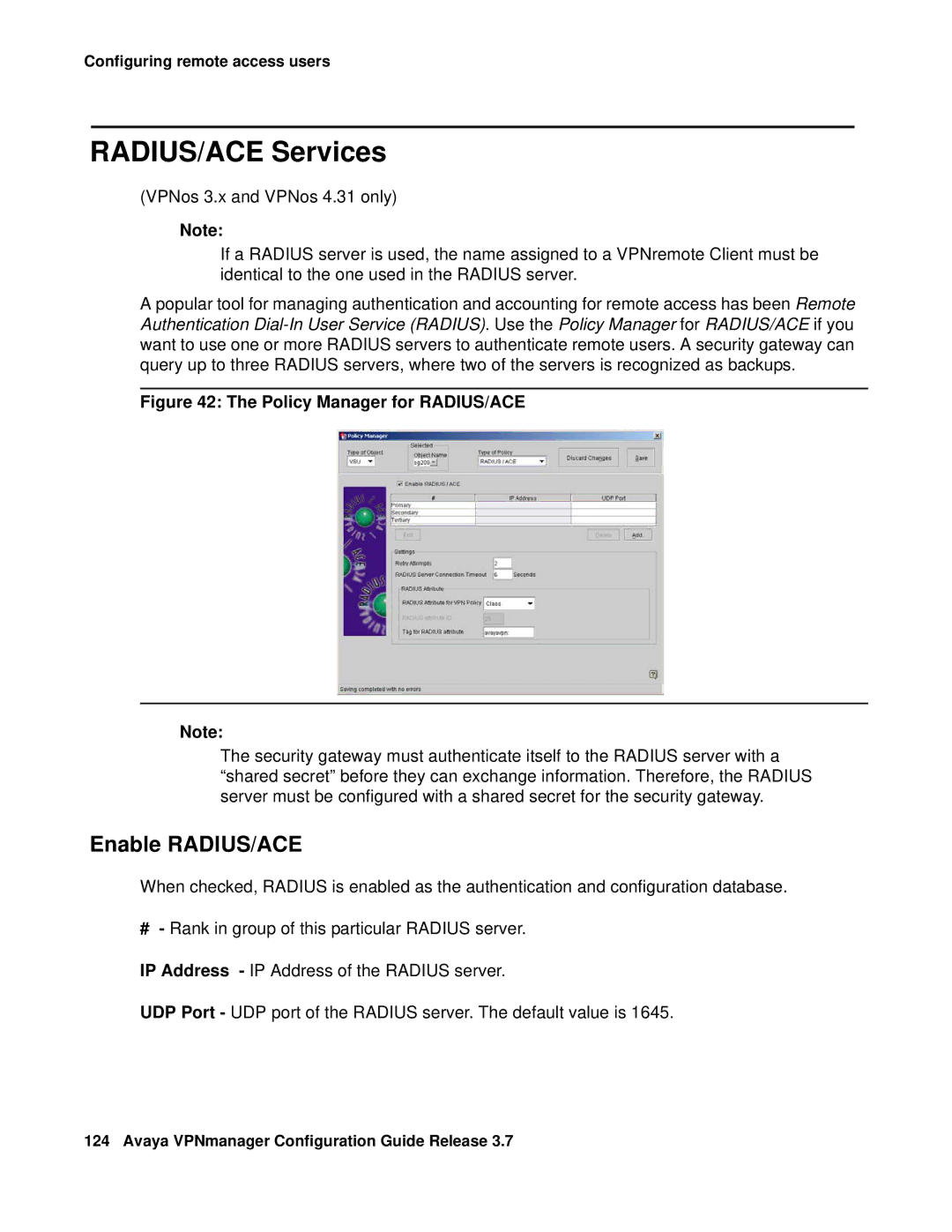 Avaya 3.7 manual RADIUS/ACE Services, Enable RADIUS/ACE 