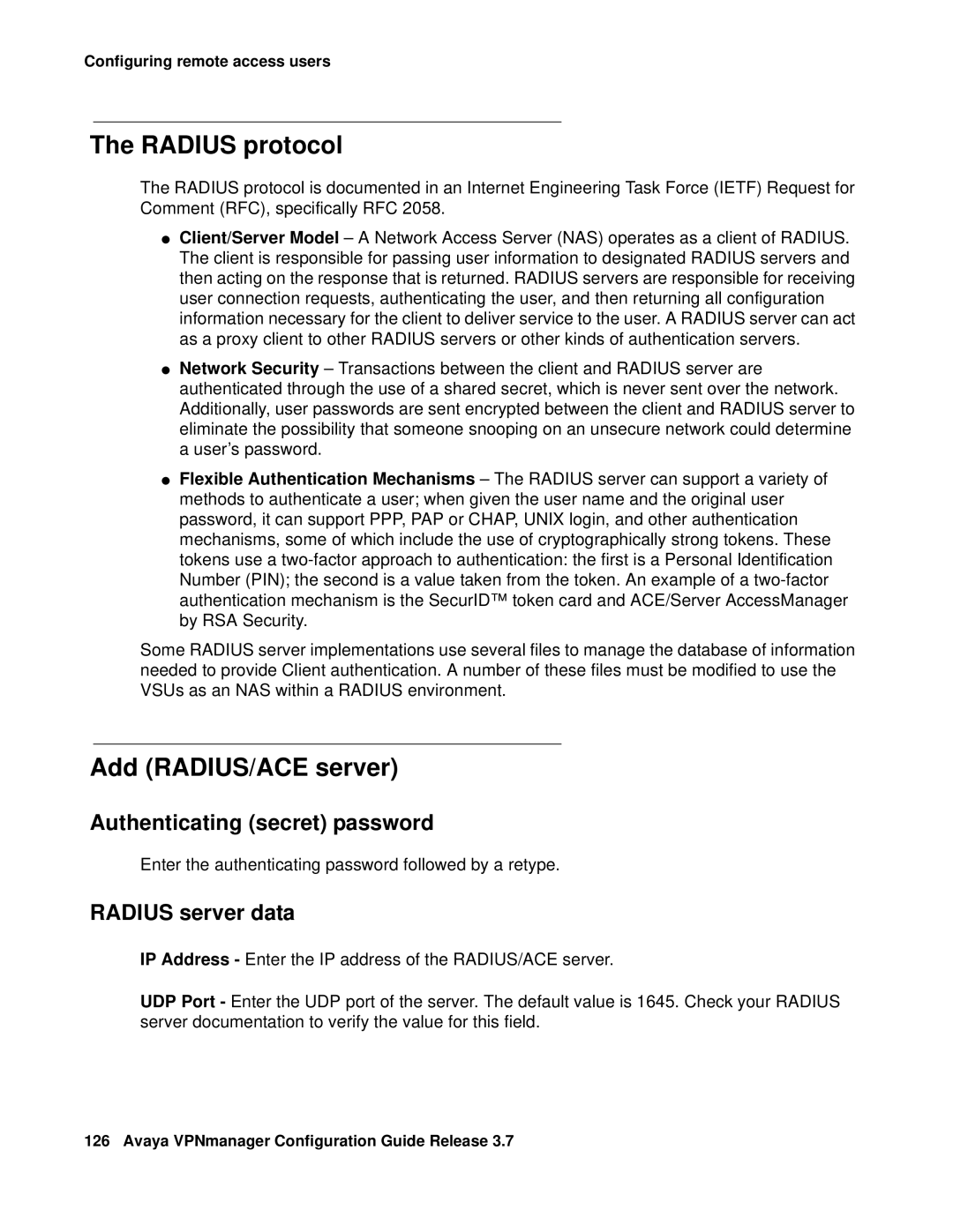 Avaya 3.7 manual Radius protocol, Add RADIUS/ACE server, Authenticating secret password, Radius server data 