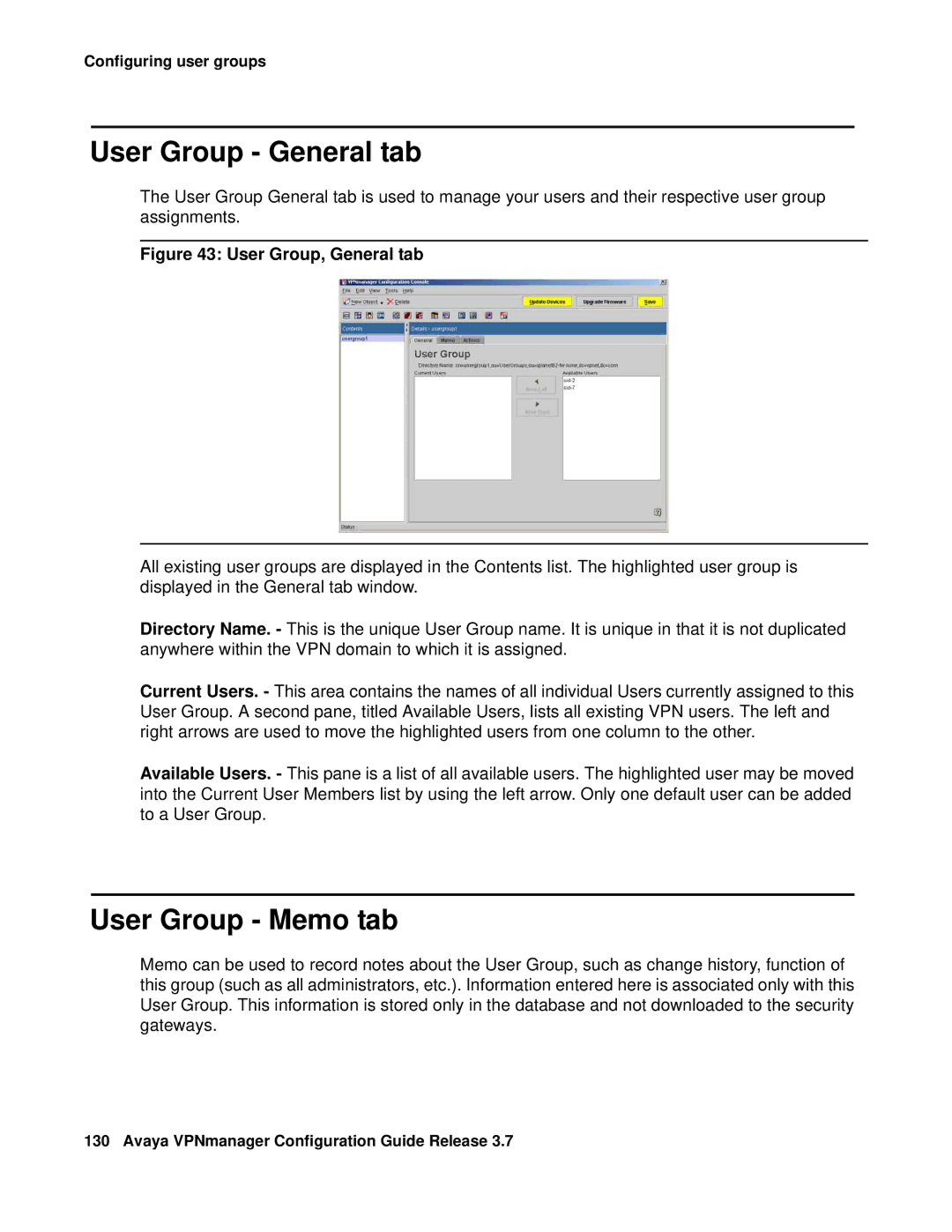 Avaya 3.7 manual User Group General tab, User Group Memo tab 