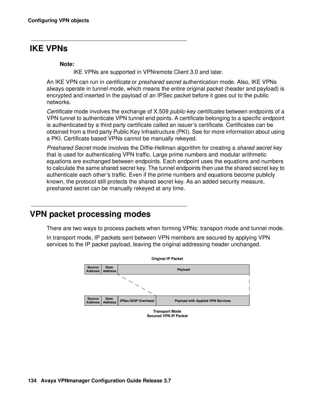 Avaya 3.7 manual IKE VPNs, VPN packet processing modes 